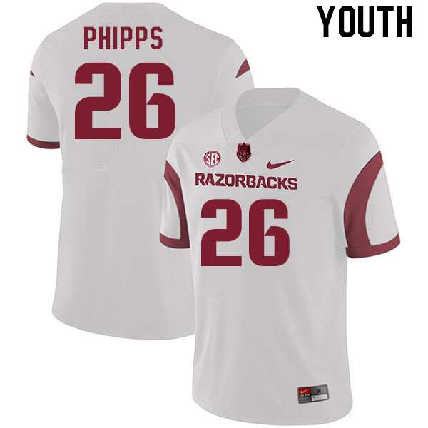 Youth #26 Landon Phipps Arkansas Razorback College Football Jerseys Stitched Sale-White - Click Image to Close